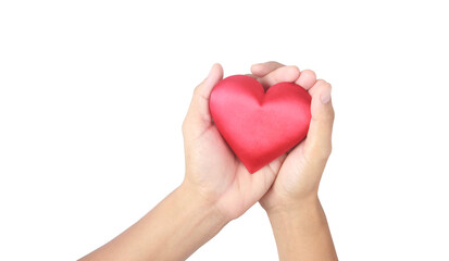 Hands holding red heart. heart health donation concepts
