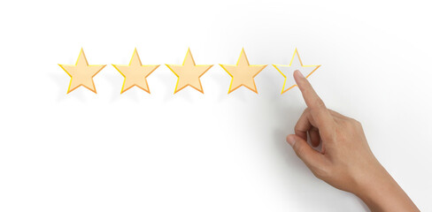 Hand of touching rise on increasing five stars. Increase rating evaluation
