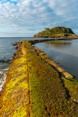 Beautiful road to San Nicolas Island at low tide from Isuntza beach in Lekeitio, Basque Country....