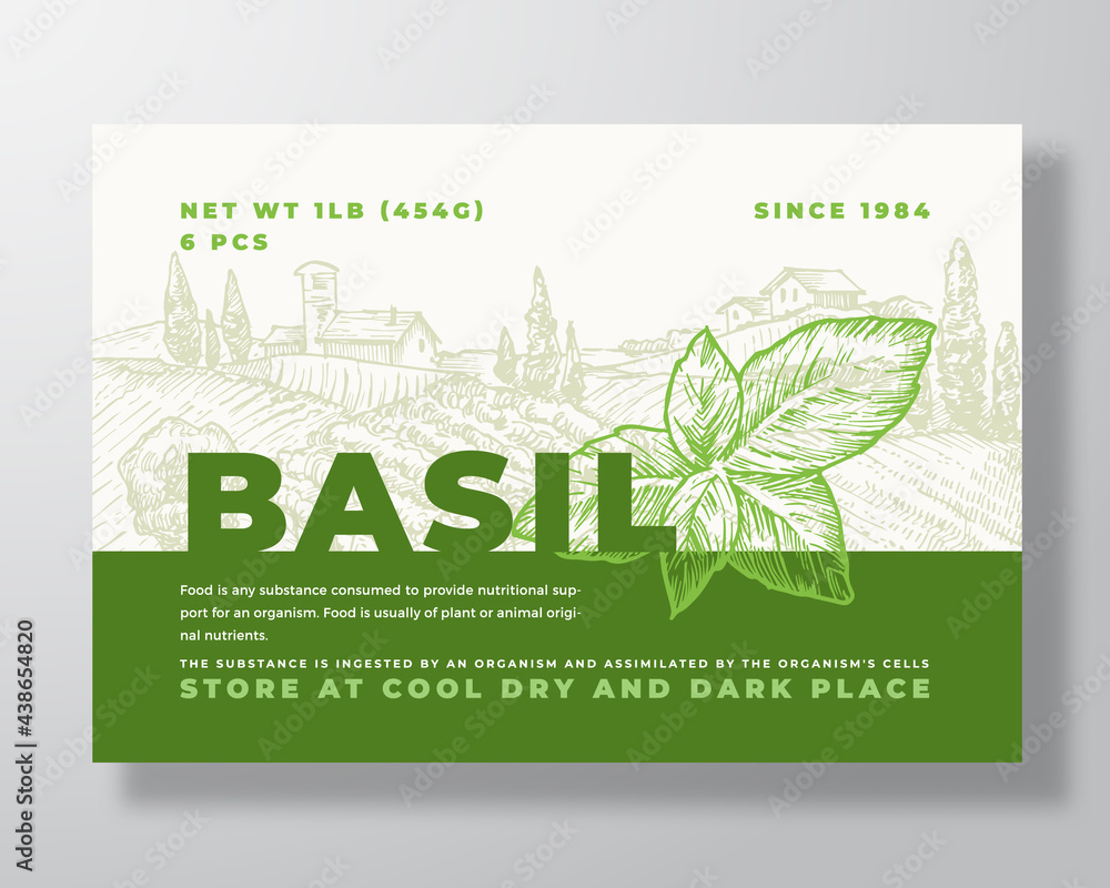 Canvas Prints basil label template. abstract vector packaging design layout. modern typography banner with hand dr