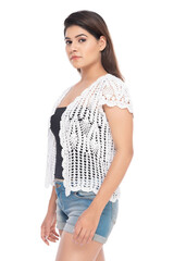 Lifestyle of a Indian woman, wearing hot pants and crochet jacket