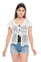 Lifestyle of a Indian woman, wearing hot pants and crochet jacket