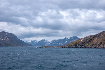 Norwegian fjords shore landscapes view from the sea