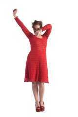 happy woman with arms raised on isolated on white background