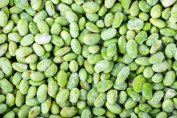 Closeup of frozen edamame beans, top view