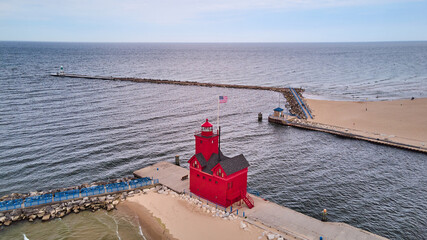 Aerial of Red Lighthouse in Lake Michigan, Holland