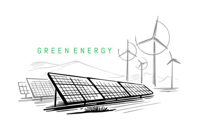 Wind turbines and solar panels sketch vector