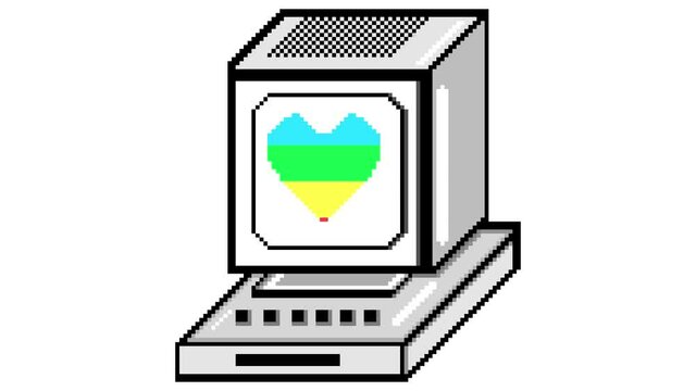 black and white pixel computer animation.  2D animation computer with a rainbow in the monitor in the shape of a heart.  hand-drawn pixel animation