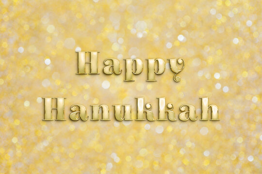 "Happy Hanukkah" text in golden letters over shiny gold colored blurred bokeh glitter background. - Powered by Adobe