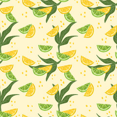 Modern background with citrus fruits. Vector background with juicy lemons and limes. Textile backing with yellow and green fruits. Vector illustration