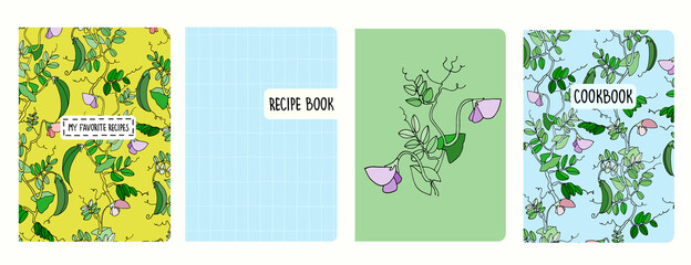 Cover page vector templates for recipe books with pea plant illustrations and hand drawn grid pattern. Cookery books cover layout. Based on seamless patterns. Headers isolated and replaceable - obrazy, fototapety, plakaty