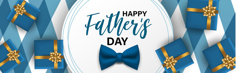 Happy Fathers Day. Holiday banner background with lettering, blue bow and presents. Vector illustration.