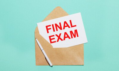On a light blue background lies an open craft envelope, a white pen and a white sheet of paper with...