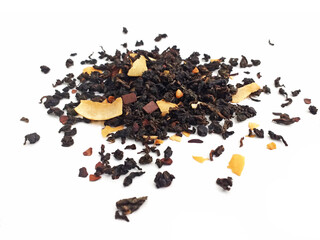 Aerial view of organic black tea with almond and coconut. Ground dried leaves or buds of the...