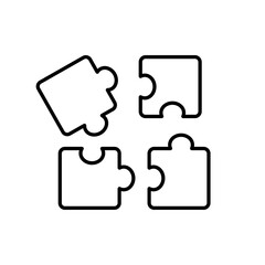Puzzle vector line icon, four piece. Solution jigsaw logo. Flat vector illustration. Black outline pictogram. Simple symbol. Abstract design shape. Challenge jigsaw. Game puzzle icon