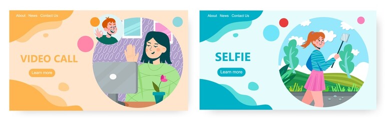 Happy women using mobile devices for video call and taking selfie. Landing page design, website banner vector templates.
