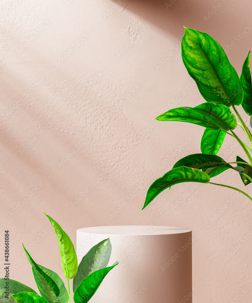 Poster cylindrical round platform and tropical leaves with light and shadows on the wall, cosmetic product 