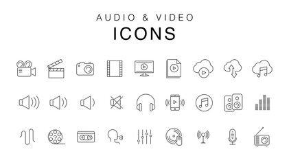 Audio Video Icons Pack. Thin line icons set. Flat icon collection set. Simple vector icons