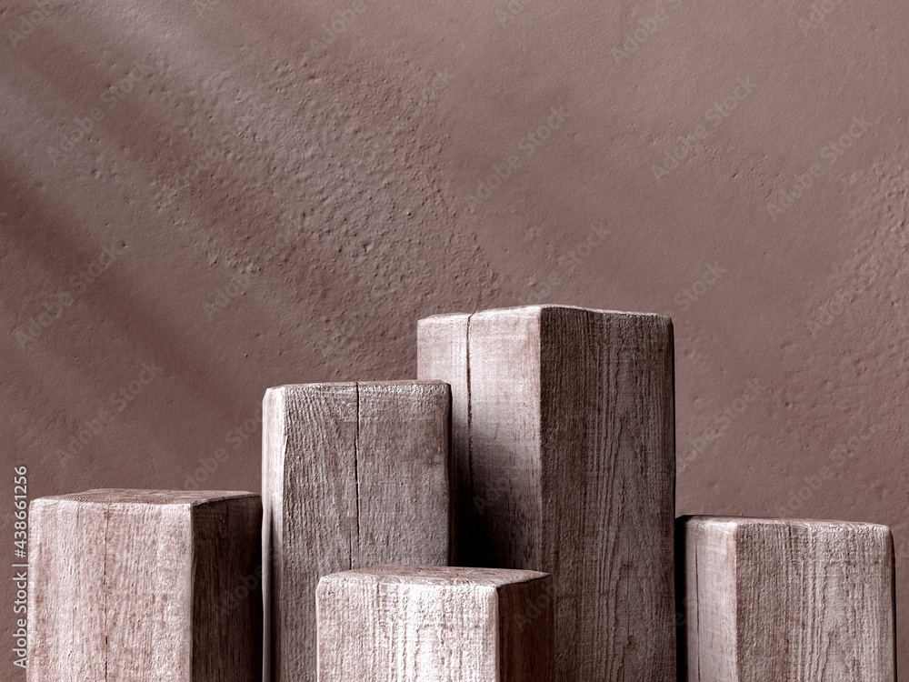 Poster wood brown blocks podiums product presentation, abstract minimalistic room scene with object placeme