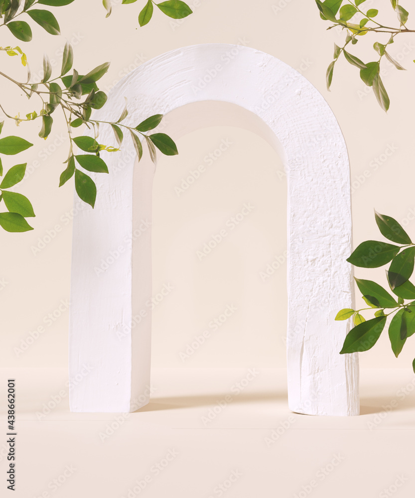 Sticker Product display mockup with green leaves and white wooden arch, cosmetic beauty product presentation, 3d rendering wood and foliage pastel background