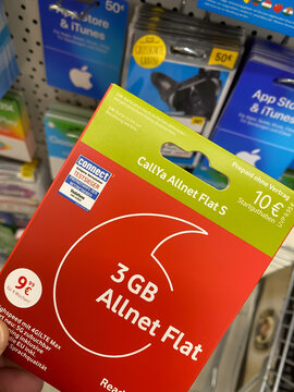 Viersen, Germany - May 9. 2021: Closeup of callya allnet flat prepaid card voucher in german supermarket (focus on center of voucher)