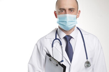 Portrait of professional man in mask with stethoscope, isolated on white background