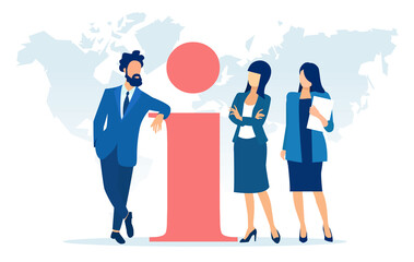 Vector of a business man and two businesswomen standing by an info point symbol