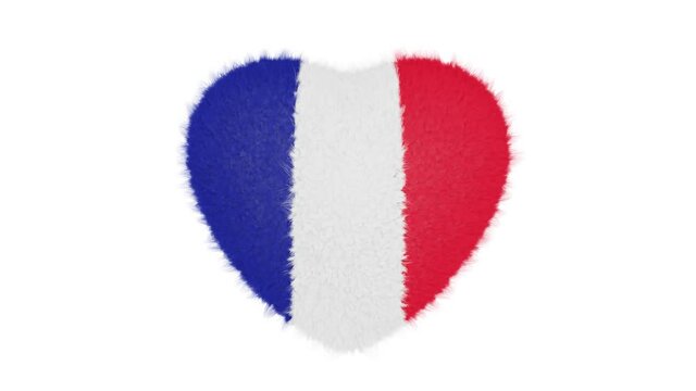Realistic looping 3D animation of the cute fluffy national flag of France beating heart rendered in UHD with alpha matte