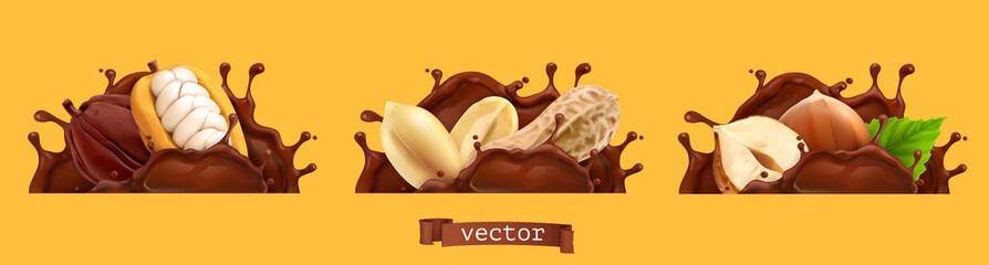 Chocolate splashes with peanuts, cocoa and hazelnuts. 3d realistic vector icon set