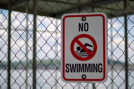 No swimming sign posed on chain link fence during day in summer