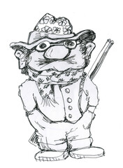 Pirate hunter with glasses, a hat and a gun. Cartoon character.
