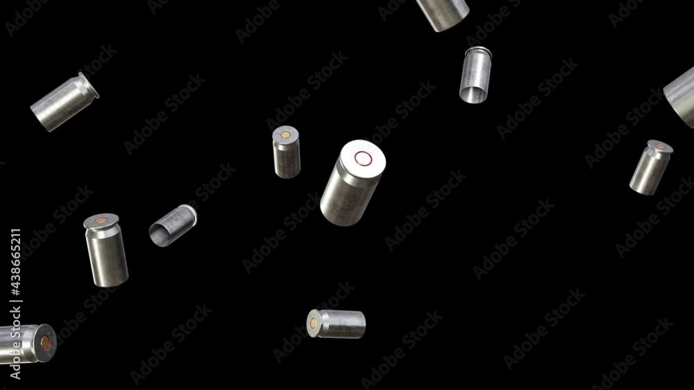 Poster realistic looping 3d animation of the silver hand gun 9 mm shells falling down rendered in uhd with 