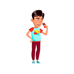 asian preteen boy eating chocolate bar in park cartoon vector. asian preteen boy eating chocolate bar in park character. isolated flat cartoon illustration