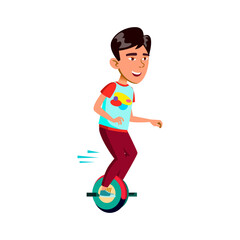 chinese boy riding monowheel electronic transport on street cartoon vector. chinese boy riding monowheel electronic transport on street character. isolated flat cartoon illustration © PikePicture