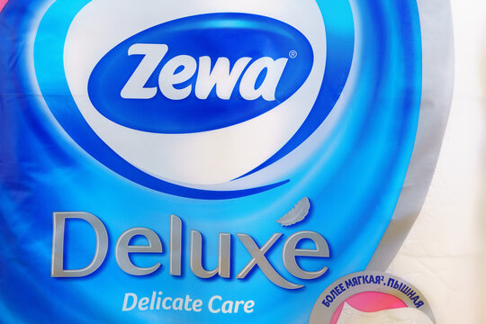 Tyumen, Russia-april 17, 2021: Zewa Deluxe close-up logo. Founded in 1884 in Germany Zellstoff Waldhof.