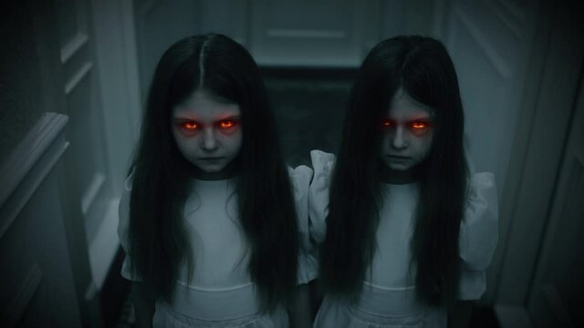 Evil twin girls with red beaming eyes staring into camera, witchcraft, horror. Paranormal events, ghost activity, horror scene
