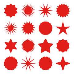 Retro stars, sunburst symbols. Vintage sunbeam icons. Red shopping labels, sale or discount sticker, quality mark. Special offer price tag, promotional badge. Vector illustration.