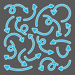 Colorful hand drawn arrow stickers set. Blue pointers collection. Simple arrows in different shapes. Direction signs. Vector illustration.