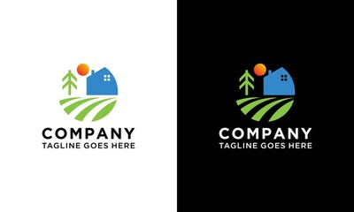 Farmland and house vector logo illustration. Vector template with farm landscape. on a black and white background.