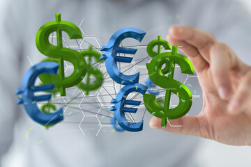 Main world currency theme dollar and euro background. Row and pile of money banknotes.