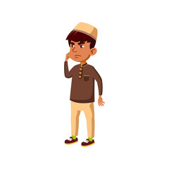thoughtful islam boy kid anger at mother cartoon vector. thoughtful islam boy kid anger at mother character. isolated flat cartoon illustration