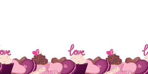 Cupcakes, macaroons and candies horizontal seamless border pattern. Vector illustration of a bright footer with sweets.