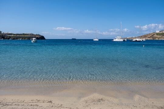 Mykonos island, Cyclades. Greece. Ornos sandy beach, summer holidays concept