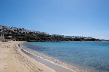 Mykonos island, Cyclades. Greece. Psarou sandy beach, summer holidays concept