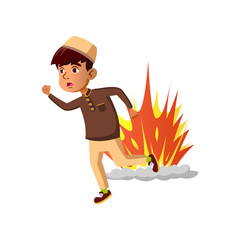 scary little boy run away from bomb explosion cartoon vector. scary little boy run away from bomb explosion character. isolated flat cartoon illustration