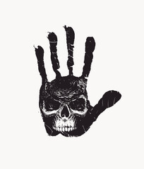 Black handprint with a sinister human skull isolated on a white background. Scary vector banner on the theme of occultism, satanism or alchemy with the hand-drawn skull and cobweb on an open palm