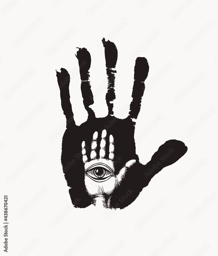 Wall mural black handprint with a white human hand and all seeing eye symbol. vector hand-drawn banner on the t