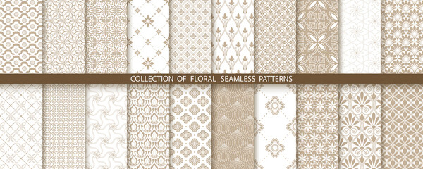 Geometric floral set of seamless patterns. Gold and white vector backgrounds. Simple illustrations