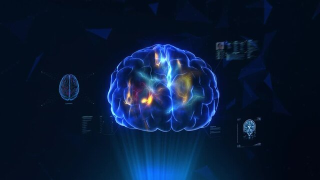 Rotating brain with several animations appearing. Medical interfaces, MRI, neuron cell and patient data. Futuristic technology, virtual reality, artificial intelligence.