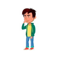 thoughtful asian boy remembering where left school bag cartoon vector. thoughtful asian boy remembering where left school bag character. isolated flat cartoon illustration